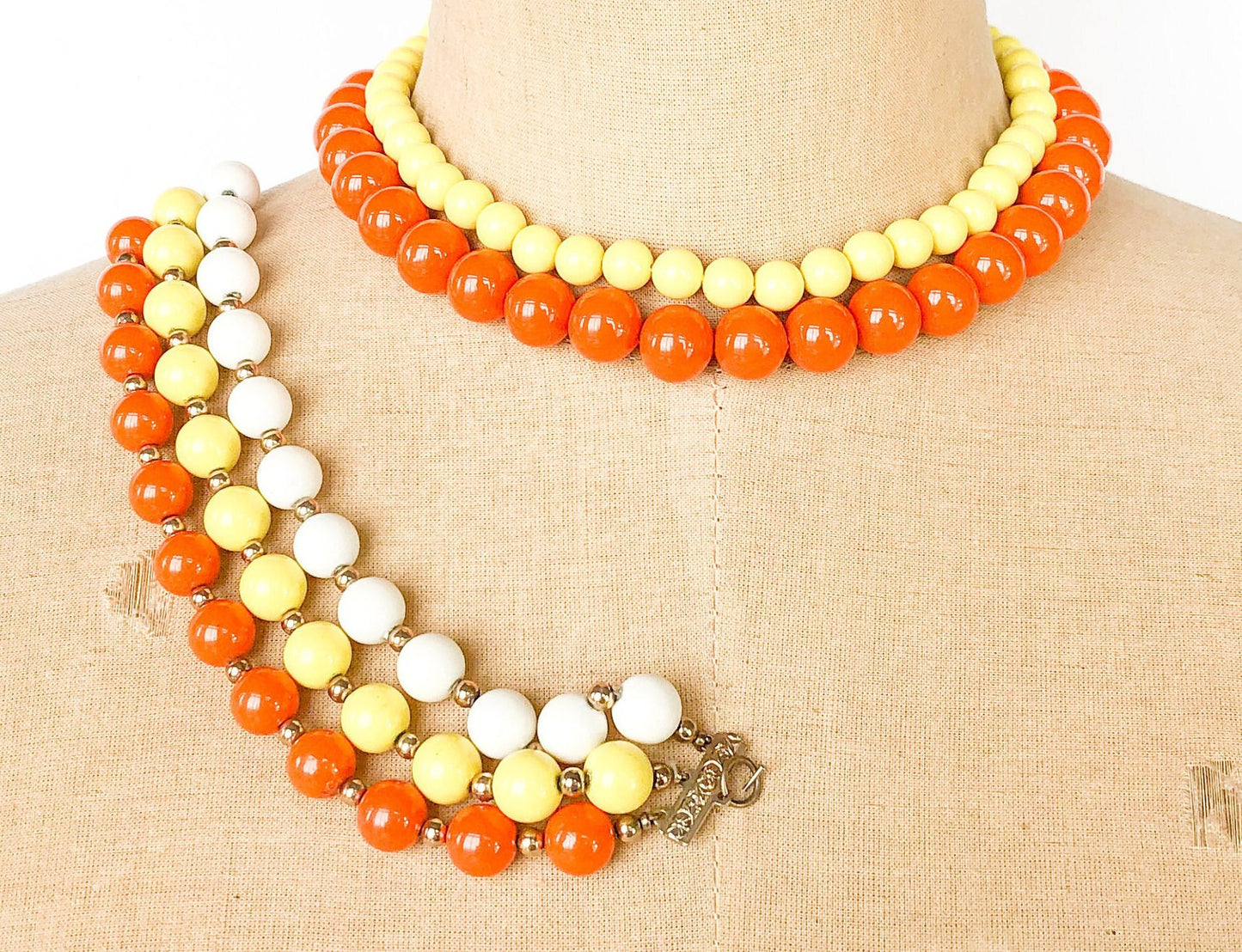 1960s Orange Beaded Necklace Set | 60s Yellow & Orange Plastic Choker Bracelet Set