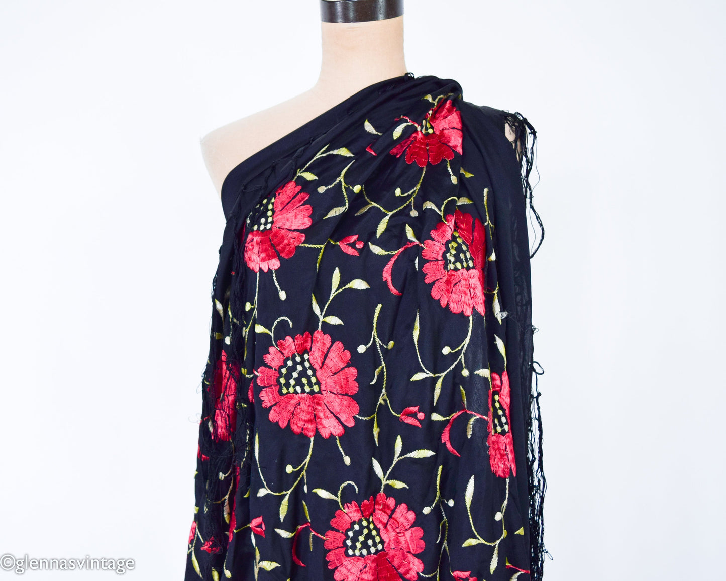 1910s Black & Red Embroidered Silk Piano Shawl Scarf