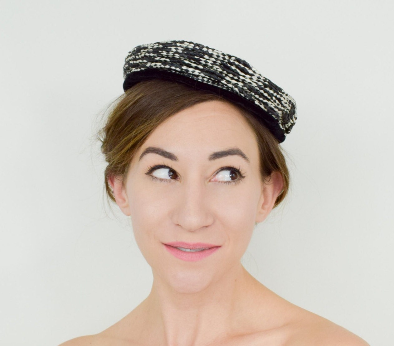 1950s Black & White Woven Straw Hat,  Fascinator with Velvet Bow