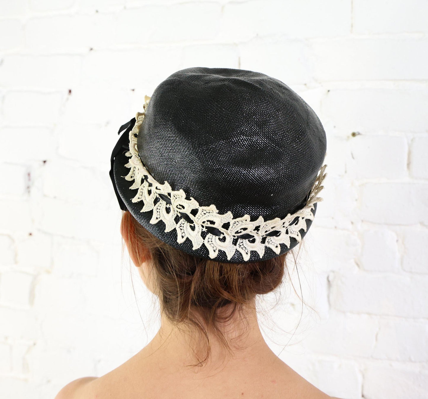 1950s Black & White Lace Straw Hat