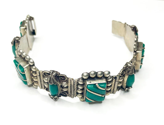 1940s Green Onyx Sterling Silver Bracelet | 40s Sterling Silver Bracelet | Mexico Silver Panel Bracelet