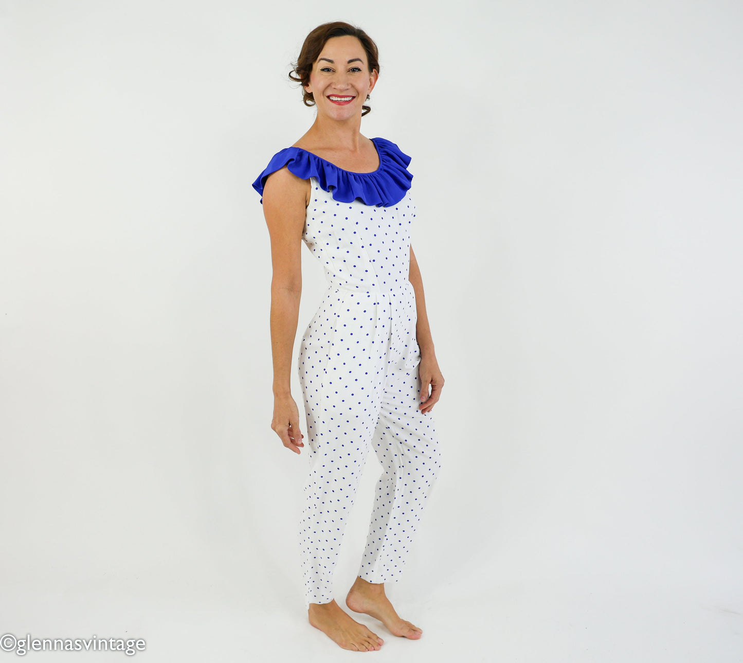 1980s Blue & White Polka Dot Jumpsuit, Small