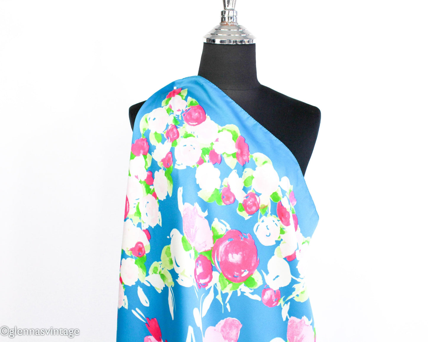 1980s Blue Floral Pattern Scarf
