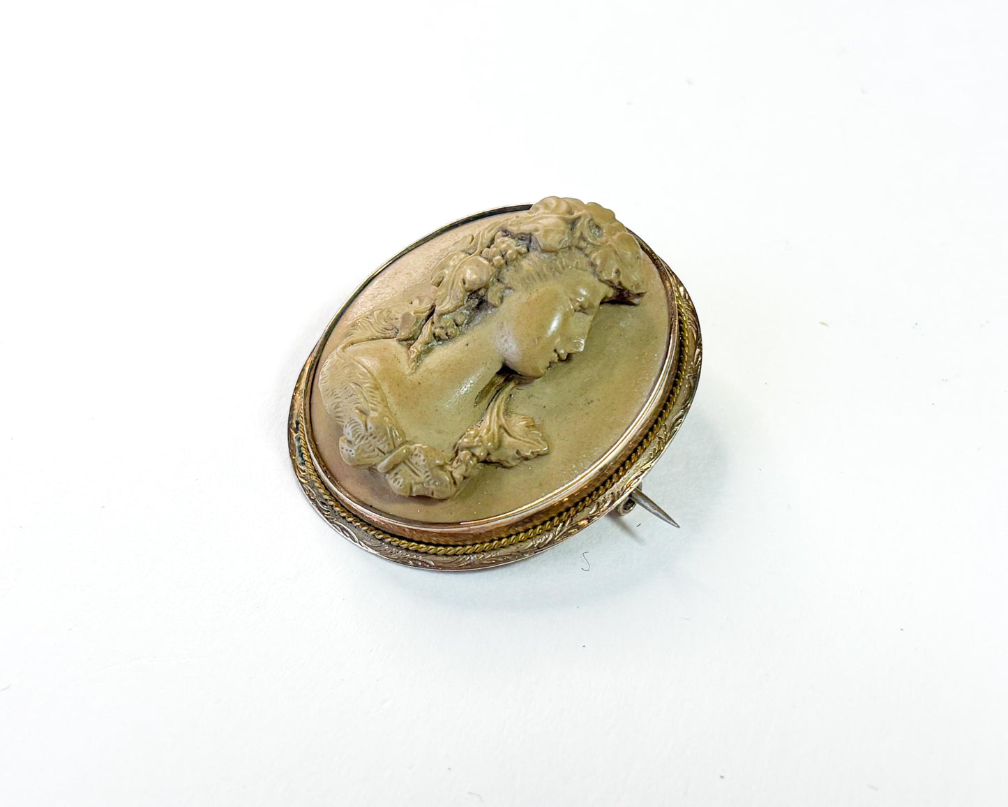 1930s Brown Carved Stone Cameo Brooch, Etched Bronze Frame