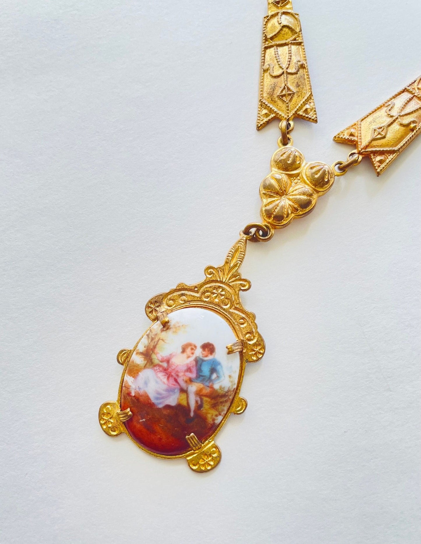 1920s Porcelain Pendant Necklace | Gold Victorian Couple, Brass Chain