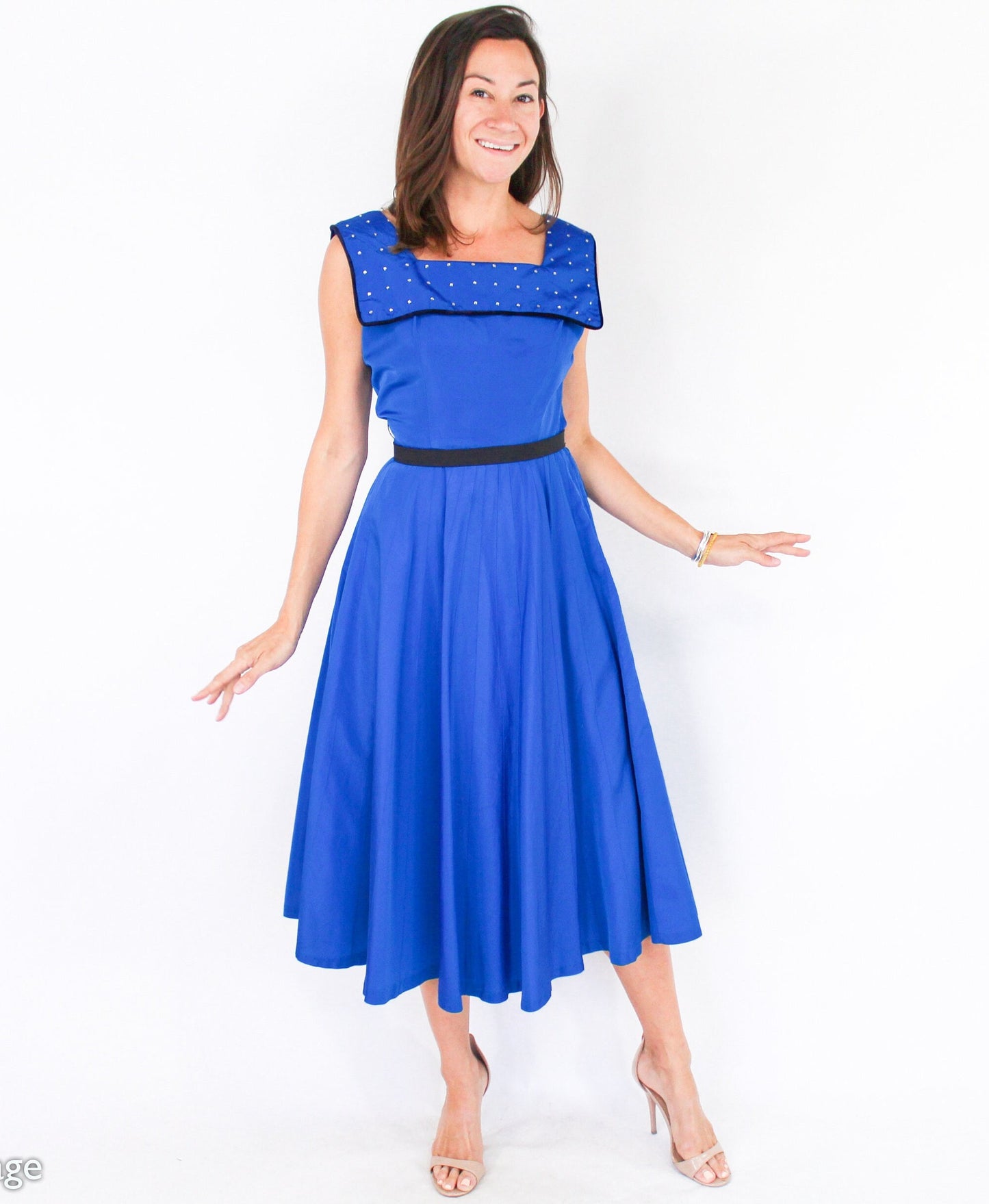 1940s Vintage Peacock Blue Taffeta Cocktail Dress with Rhinestone Collar, Small