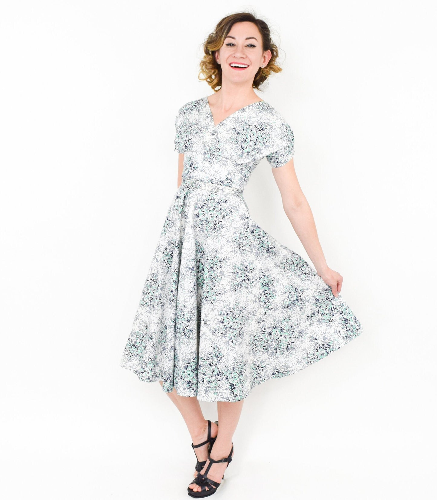 1950s Grey & White Floral Cotton Dress, Extra Small