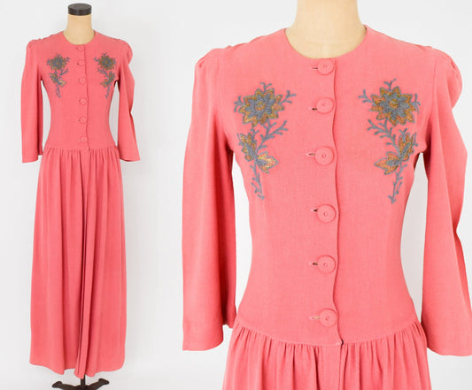 1940s Coral Crepe Evening Dress | 40s Coral Lounging Gown | Pink Crepe Long Dress | Barbara | Medium