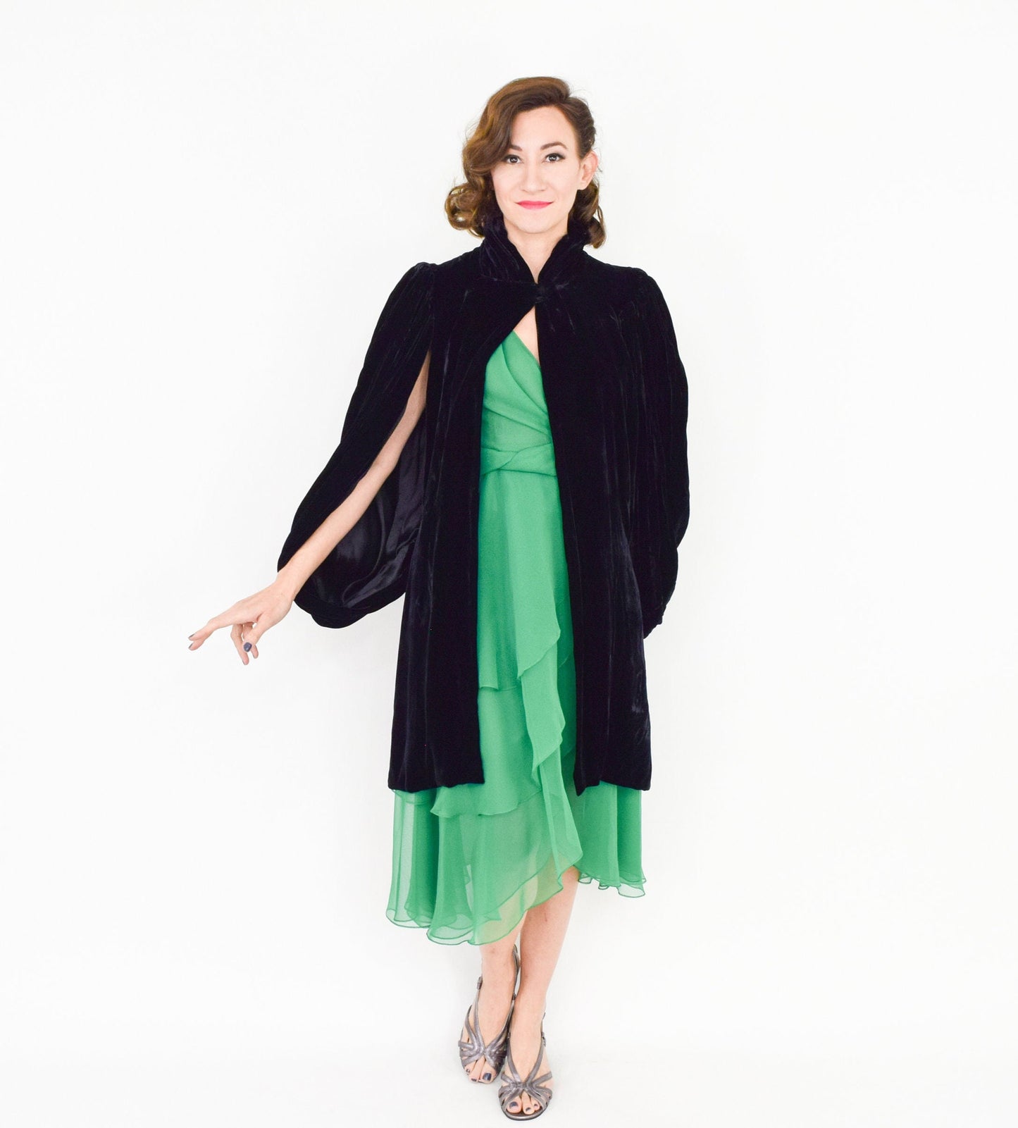 1930s Black Silk Velvet Evening Coat with Black Draped Sleeves Cape, Medium