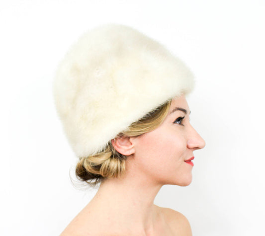 1960s White Mink Pillbox Winter Hat