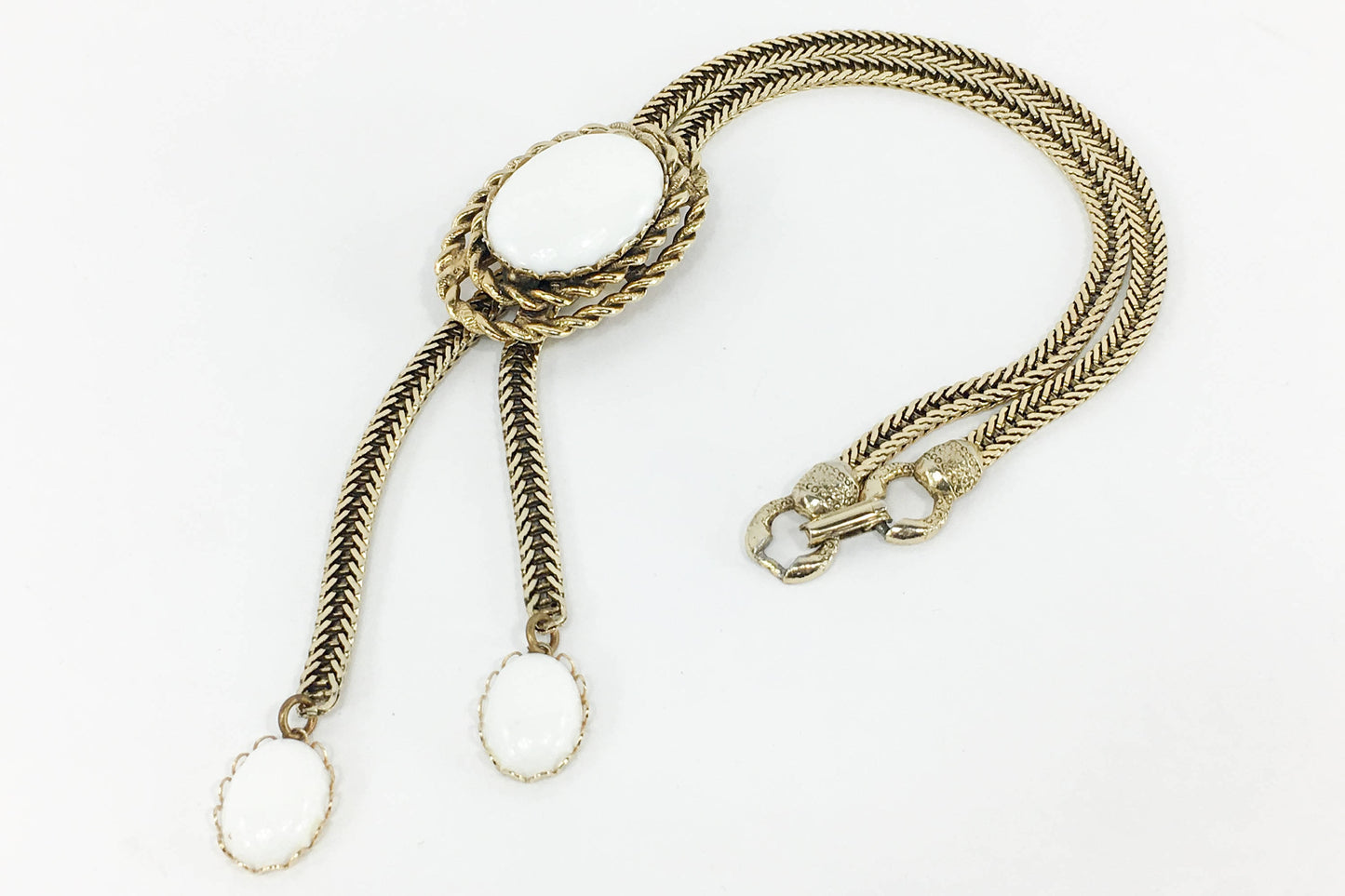 1960s Gold Lariat Necklace | White & Gold Metal Slide