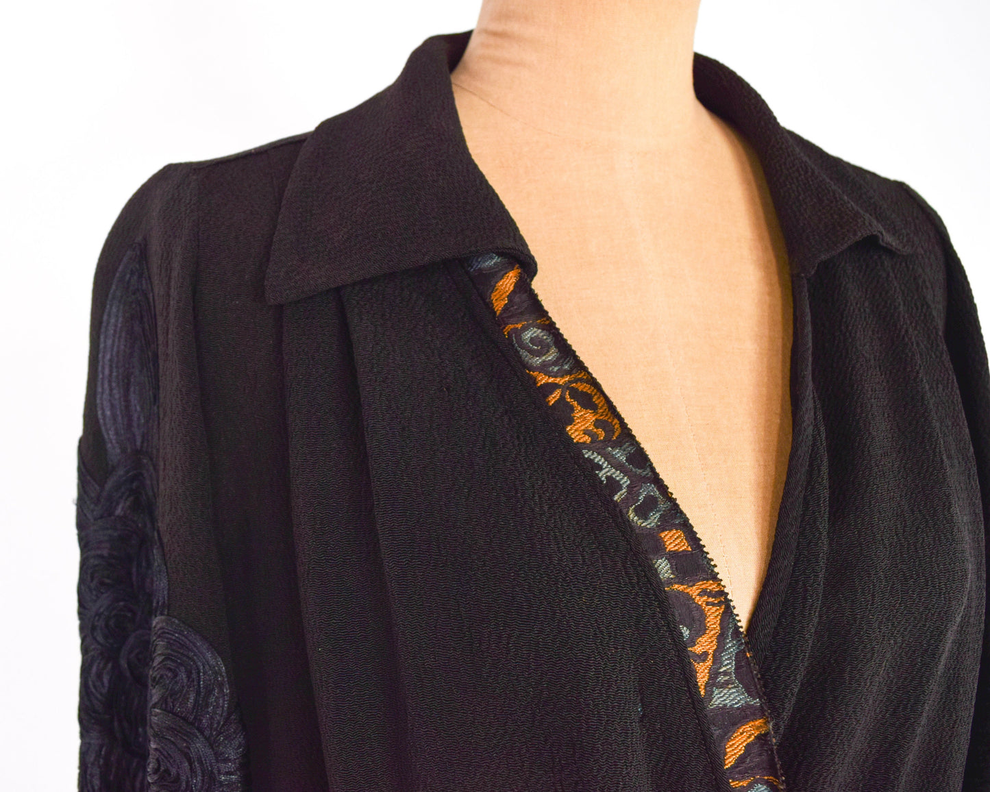 1900s Black Embroidered Crepe Wrap Dress, Downton Abbey Style, Large