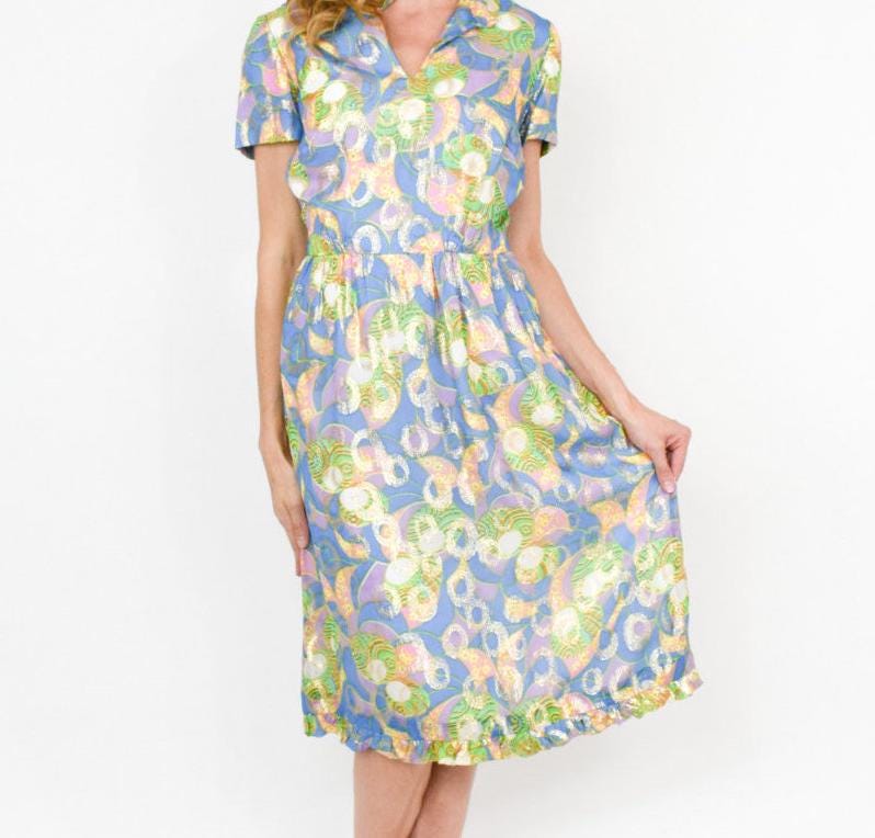1960s Blue Floral Metallic Party Dress | 60s Blue Gold Metallic Lamé Dress | Jackie O | Medium