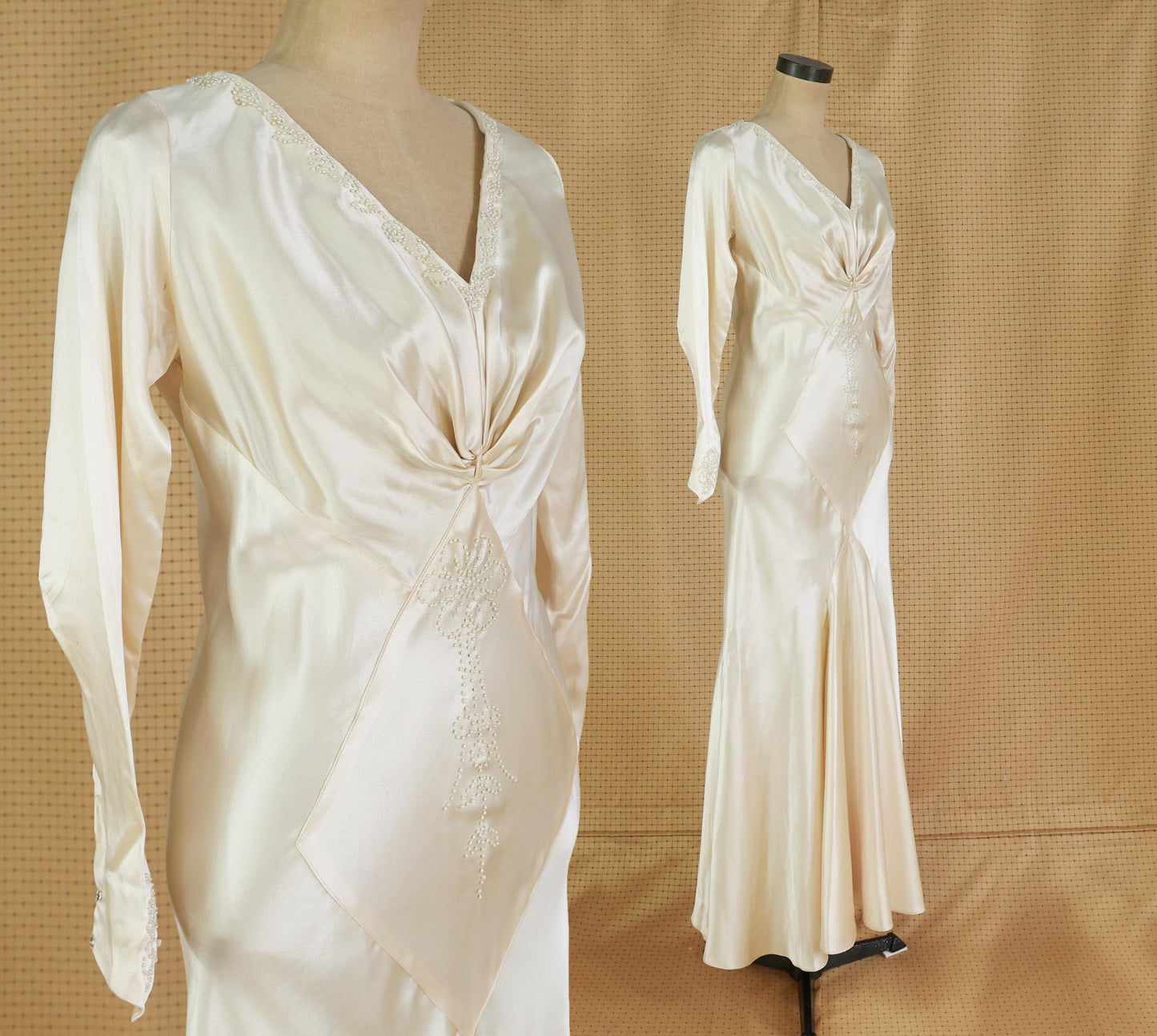 1930s Ivory Silk Beaded Wedding Dress, Large