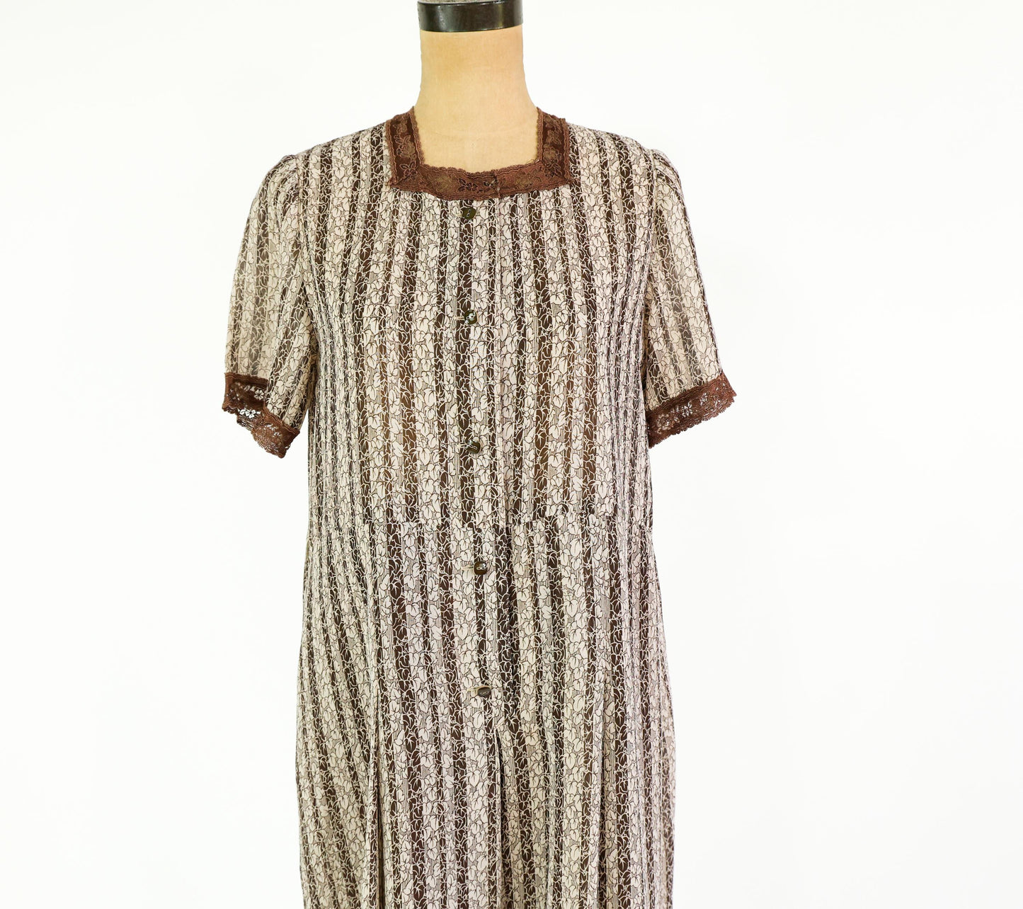 1940s Brown Striped Day Dress, Extra Large