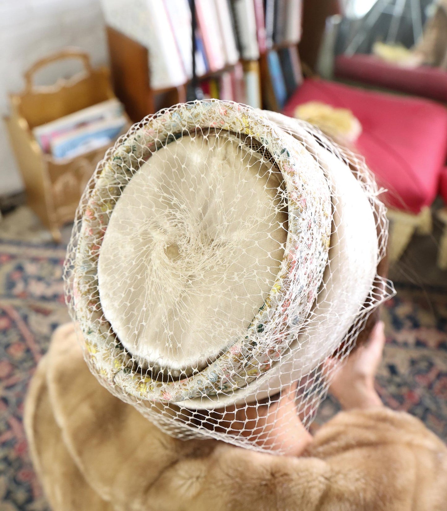 1960s Beige Velvet Brocade High Crown Hat