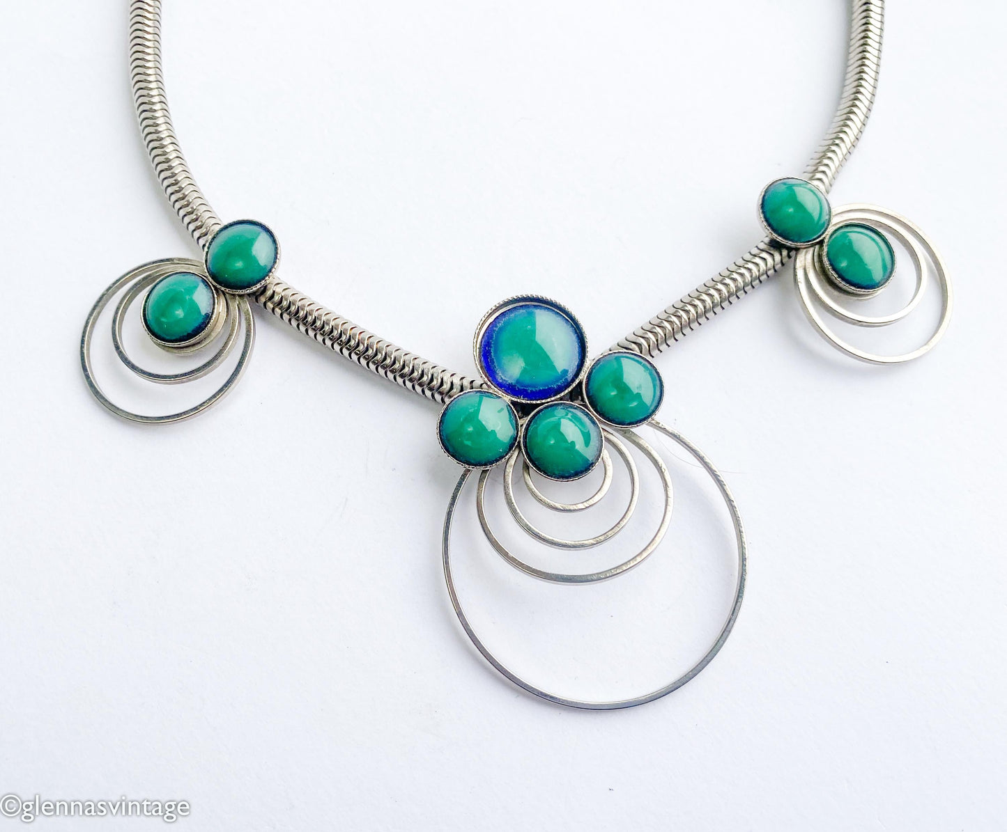 1960s Mod Necklace | Silver Circles, Green Glass Pendant