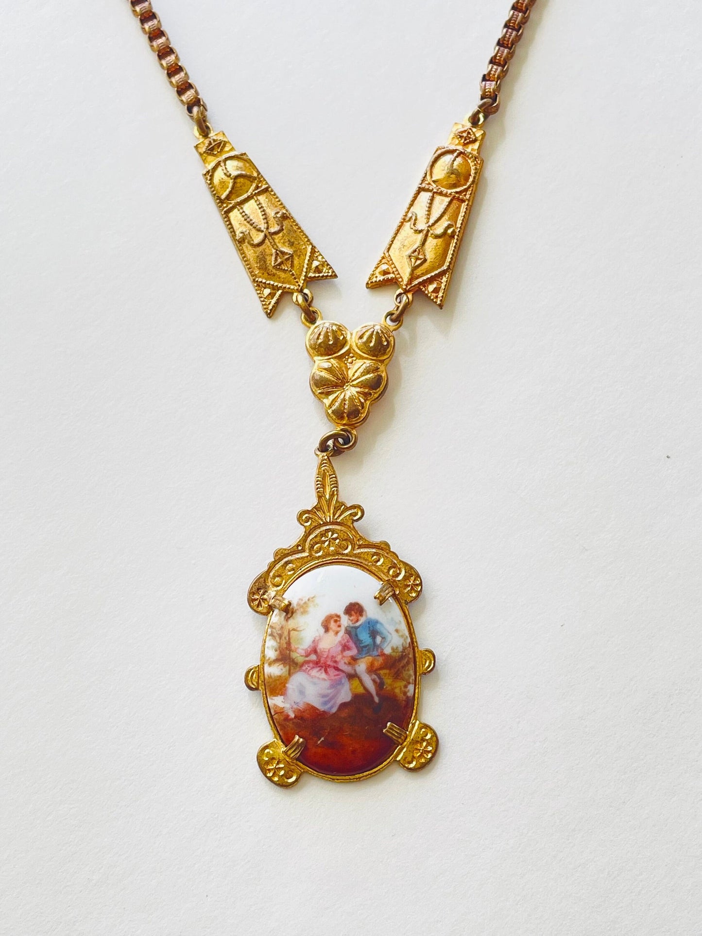 1920s Porcelain Pendant Necklace | Gold Victorian Couple, Brass Chain