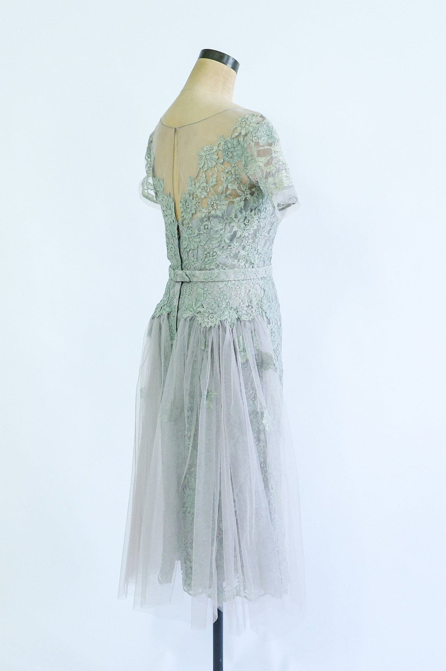 1950s Dove Gray Tulle Tea Party Dress, Small