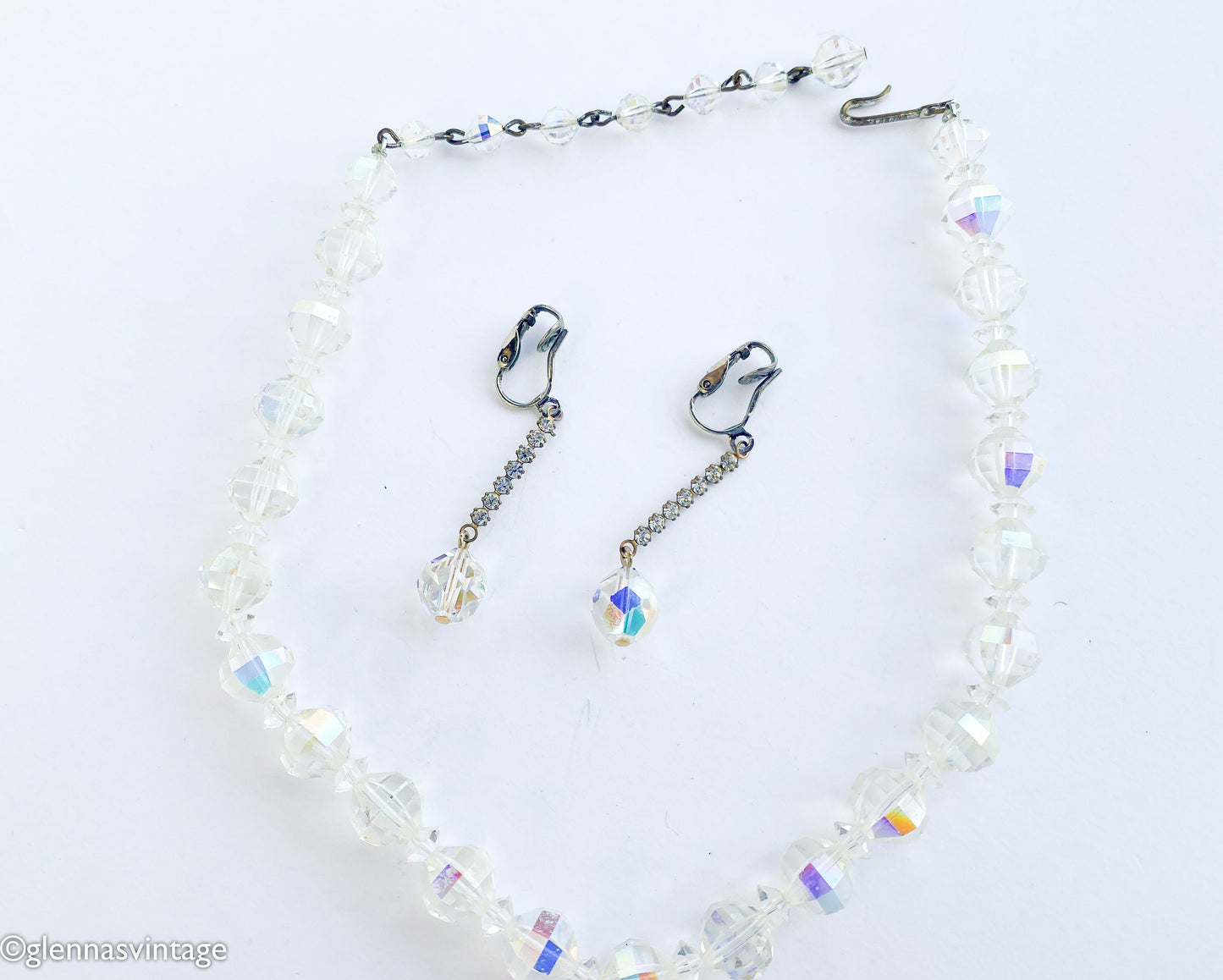 1950s Aurora Borealis Crystal Necklace & Earrings Set, Iridescent Jewelry