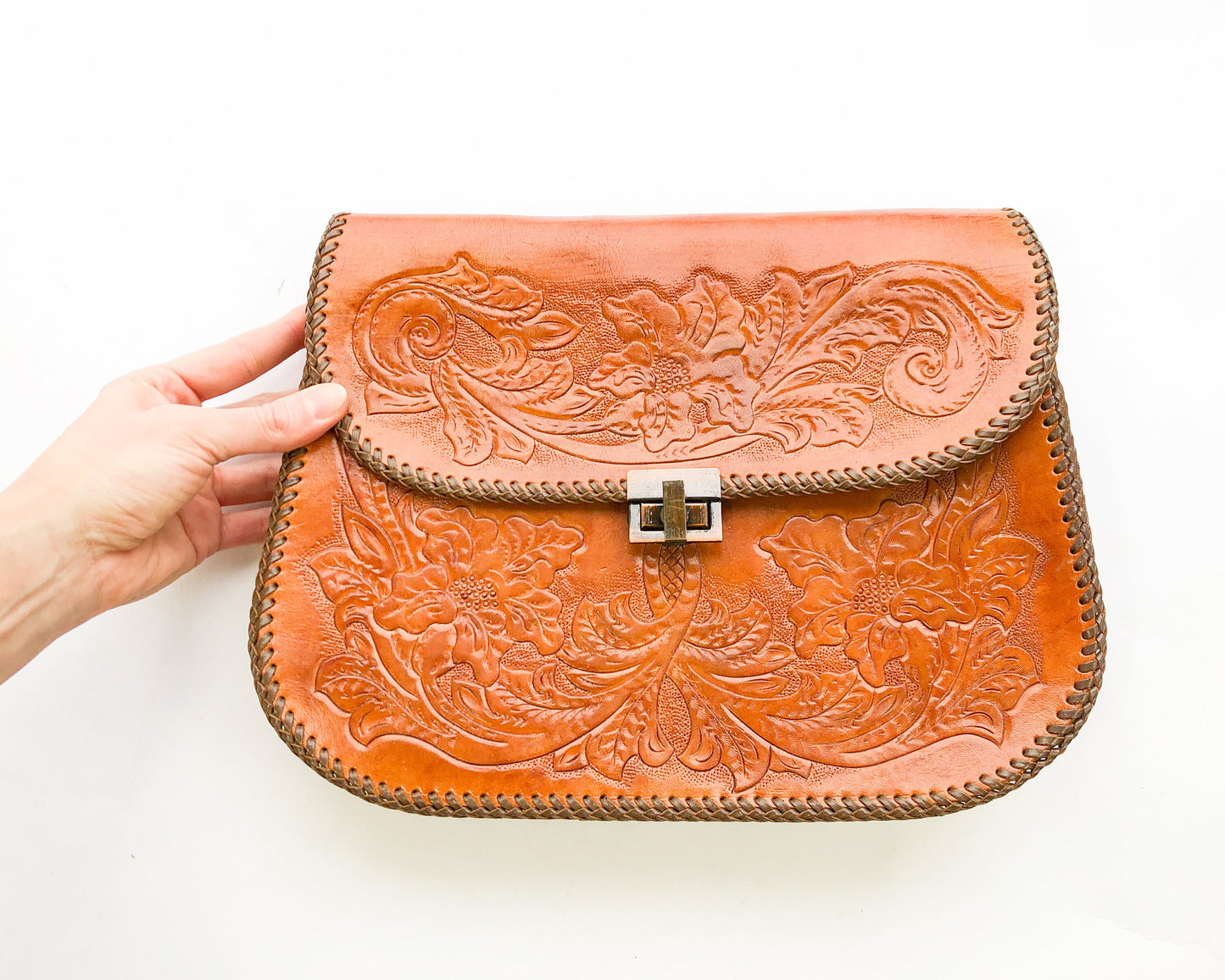 1950s Tooled Leather Clutch | 50s Tooled Handbag