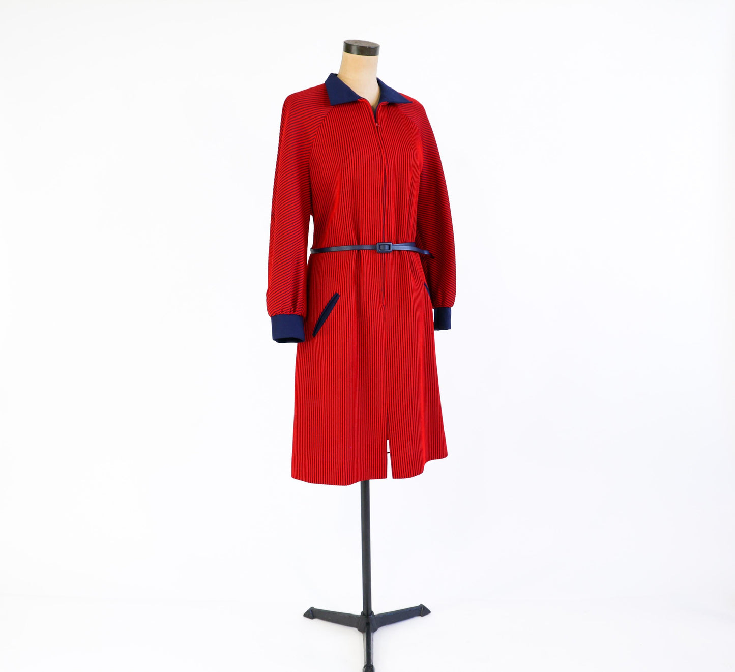 1960s Red Navy Striped Knit Dress , Extra Large, 40" Waist