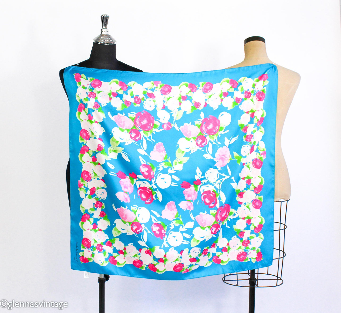 1980s Blue Floral Pattern Scarf