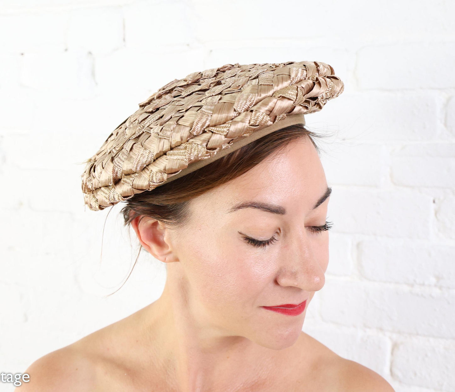 1950s  Beige Woven Saucer Hat