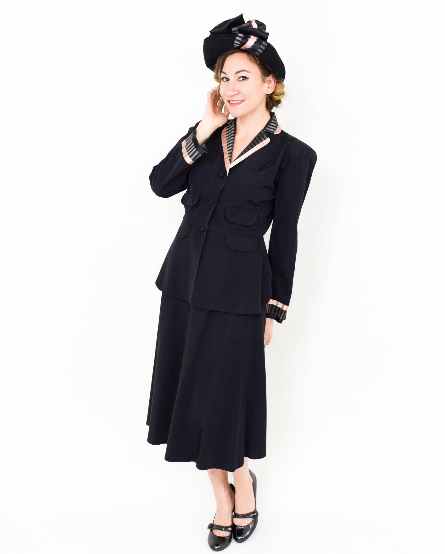 Vintage 1940s Doris Dodson Black Faille Suit | Black Pink Jacket & Skirt, Medium