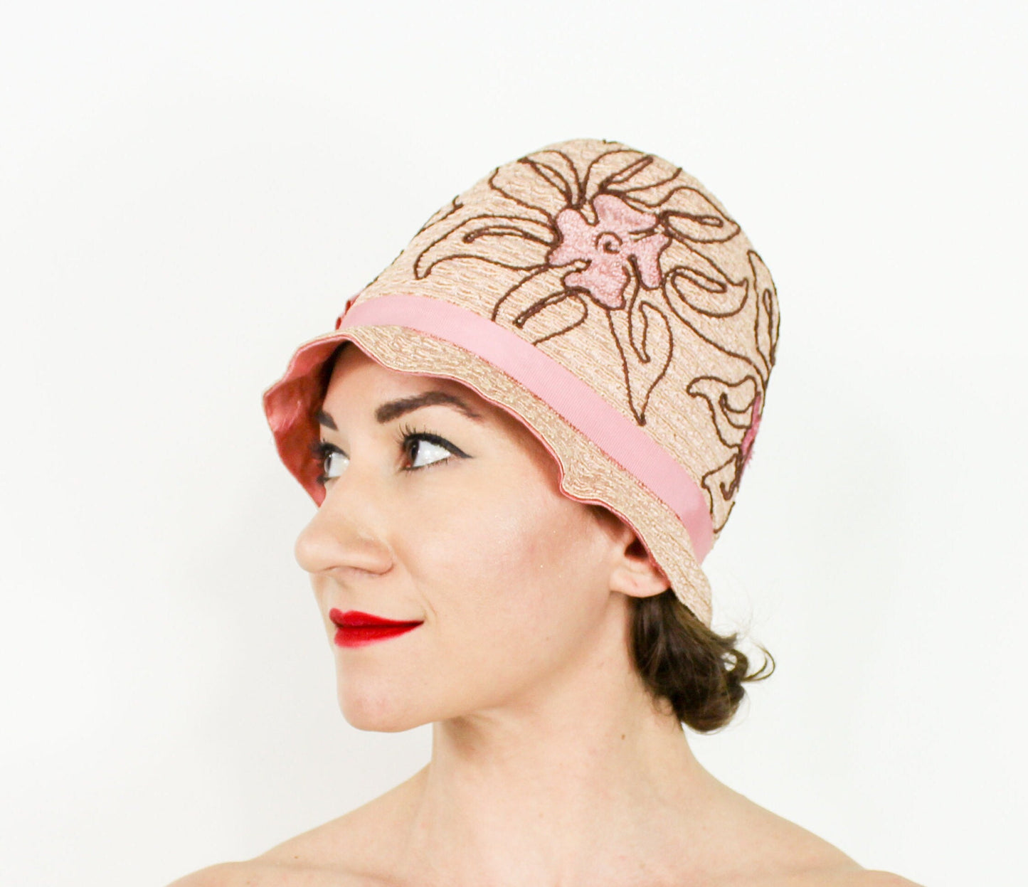 1920s Style Cloche Hat, Pink Floral Embroidered Flapper Hat, Downton Abbey Era
