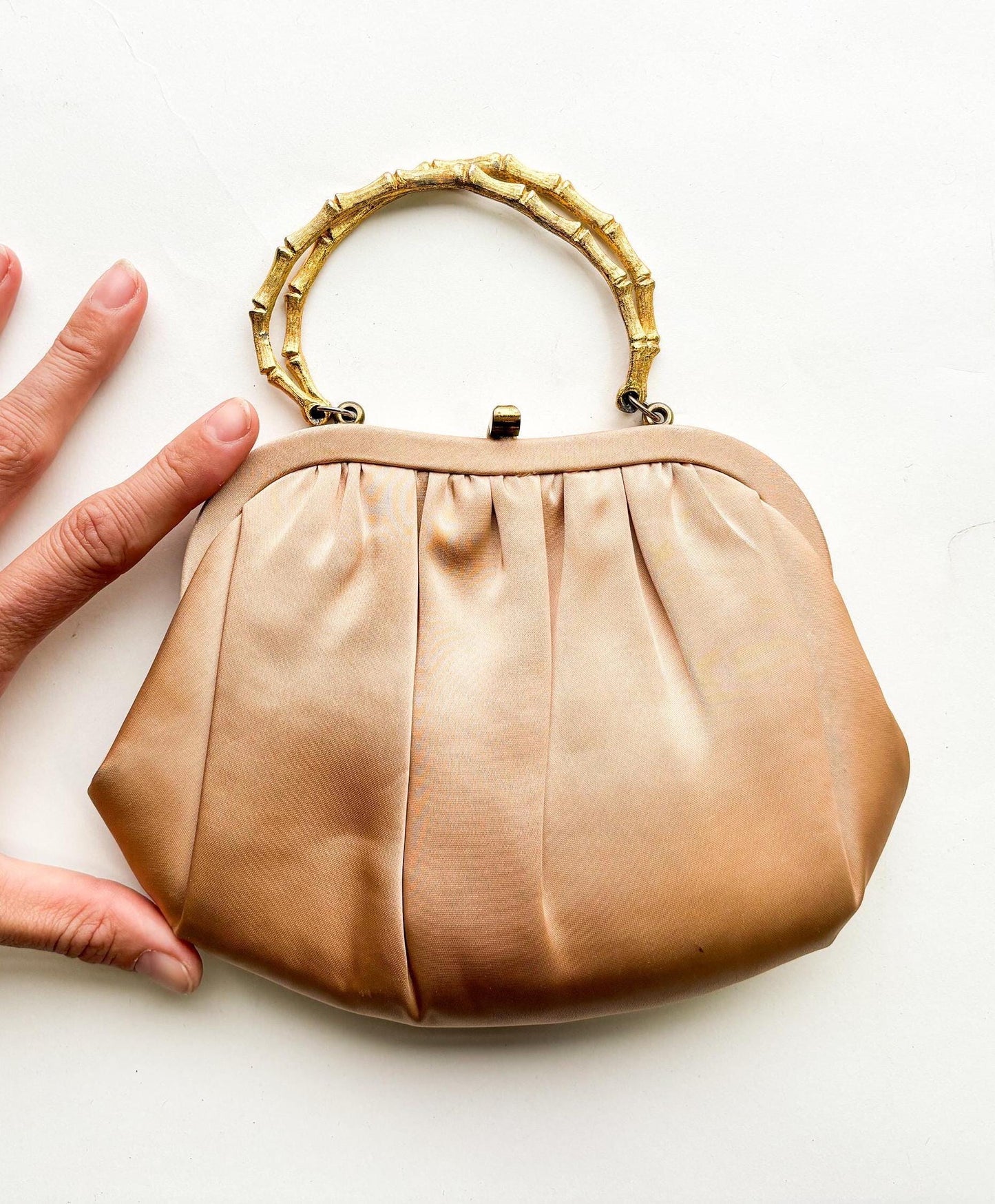 1950s Beige Satin Evening Bag | 50s Beige Silk Satin Evening Handbag | After Five