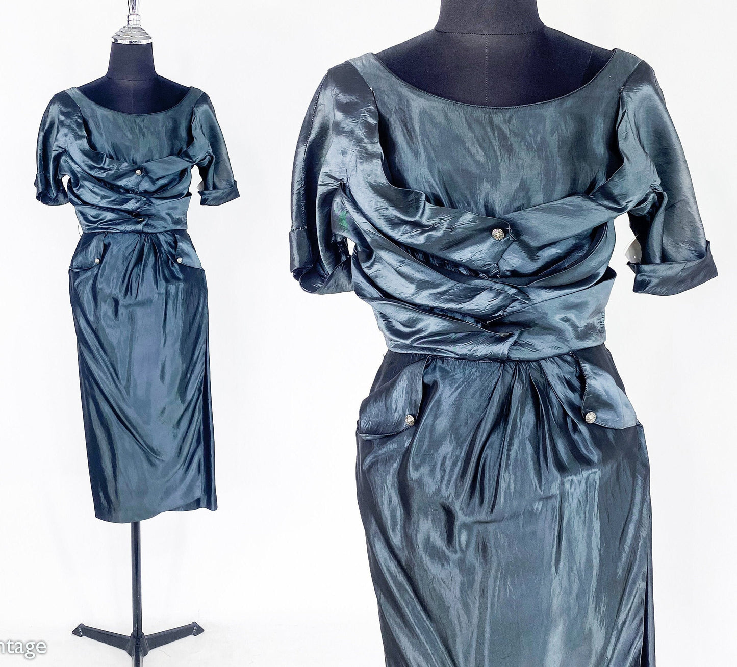 1950s Blue Gray Taffeta Cocktail Dress, Cadillac Original, Small