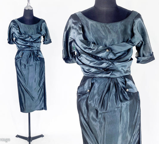 1950s Blue Gray Taffeta Cocktail Dress, Cadillac Original, Small