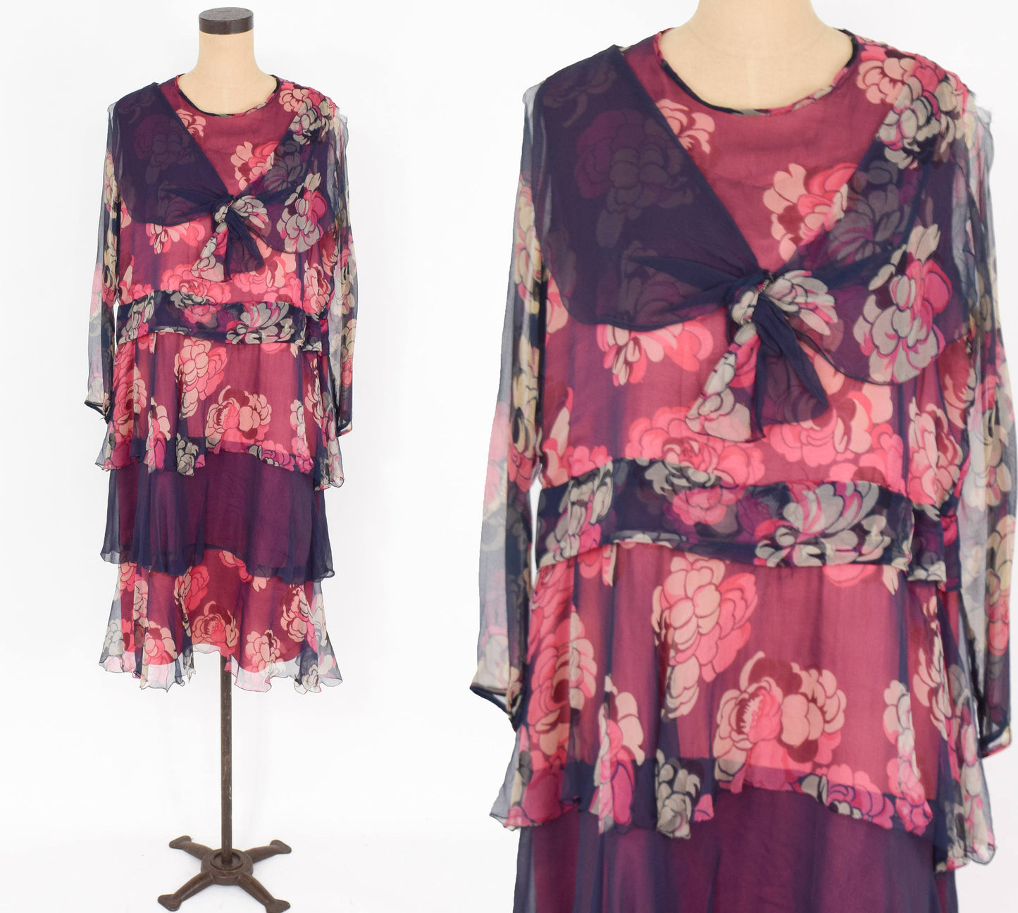 1900s  Navy & Red Floral Layered Dress | Navy Flowered Silk Chiffon Dress | Large