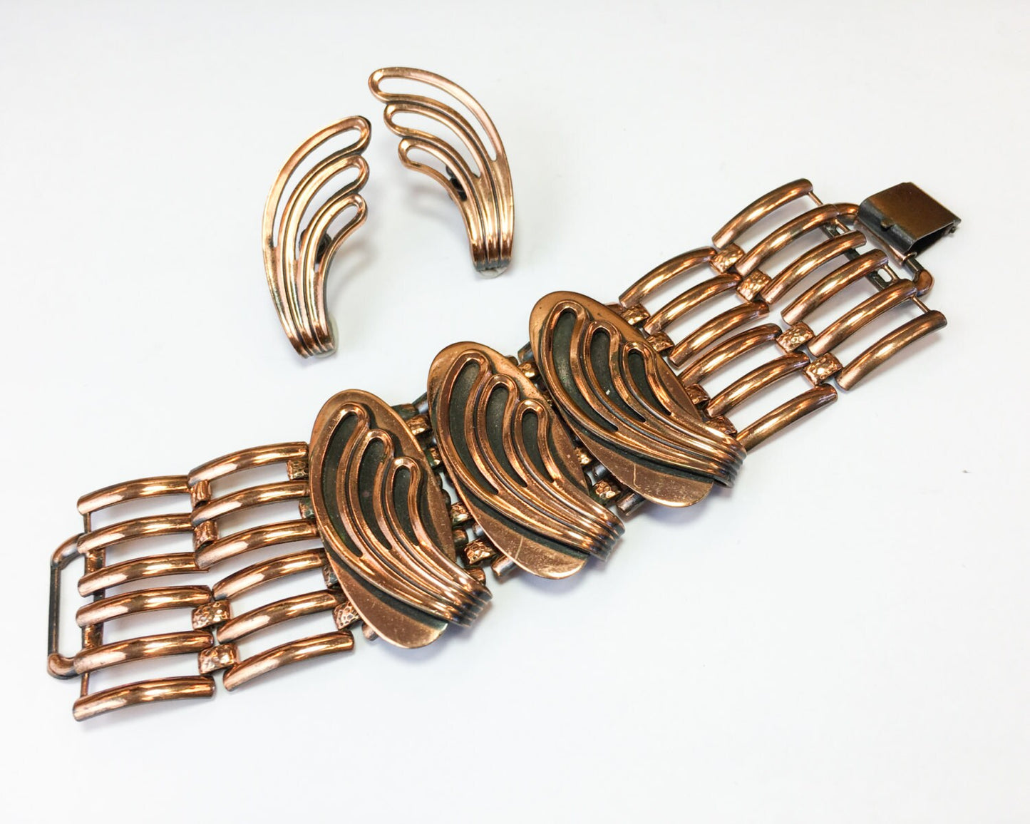 1950s Copper Bracelet &  Earring Set | 50s Modernist Copper Link Swirls Bracelet Set