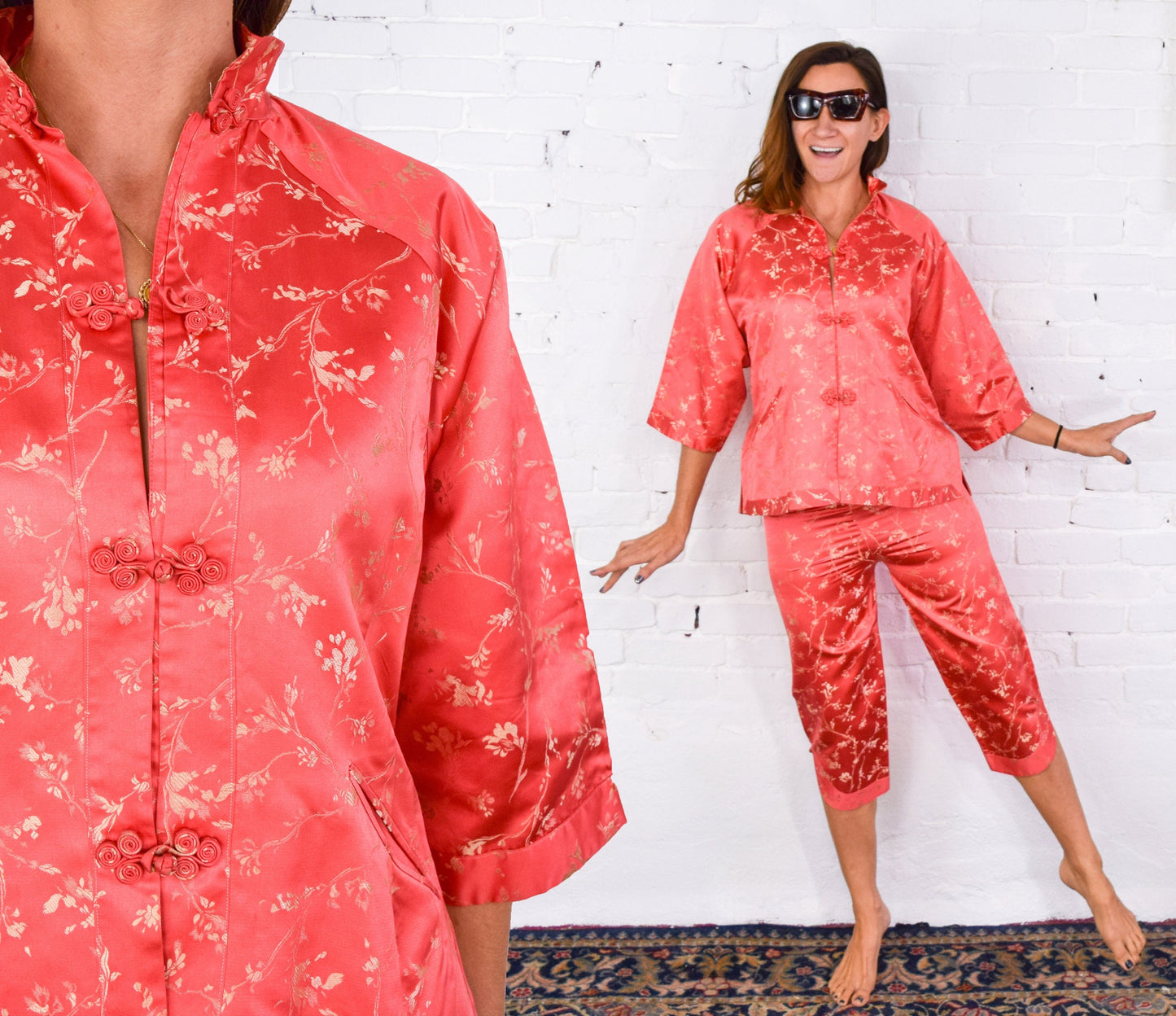 1950s Orange Asian Slacks Set | Silk Jacket & Pants, Medium
