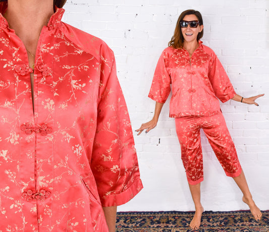 1950s Orange Asian Slacks Set | Silk Jacket & Pants, Medium