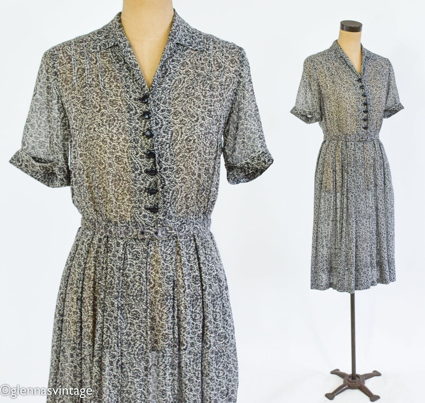 1950s Black & White Print Shirtwaist Dress, Medium