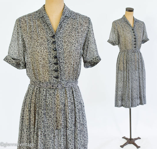 1950s Black & White Print Shirtwaist Dress, Medium