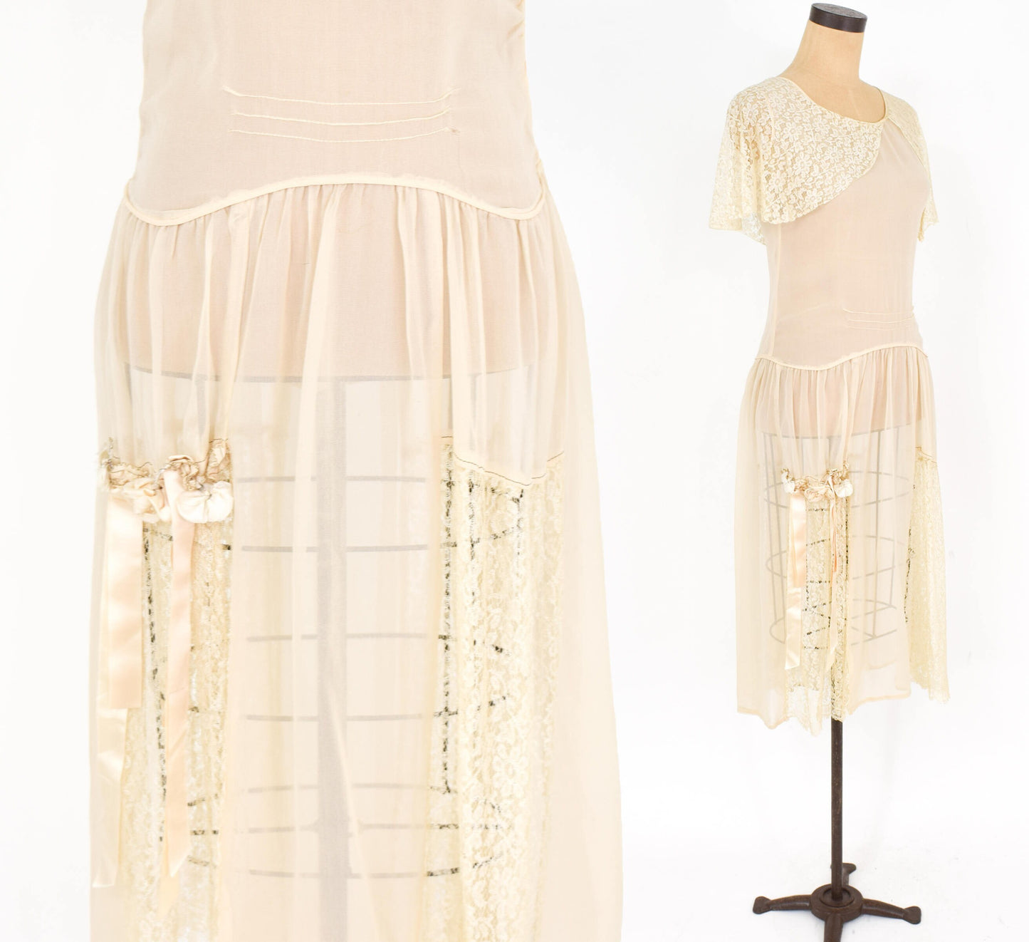 1920s Ivory Silk Chiffon Dress | 20s Ivory Chiffon & Lace Dress | Wedding  | Small