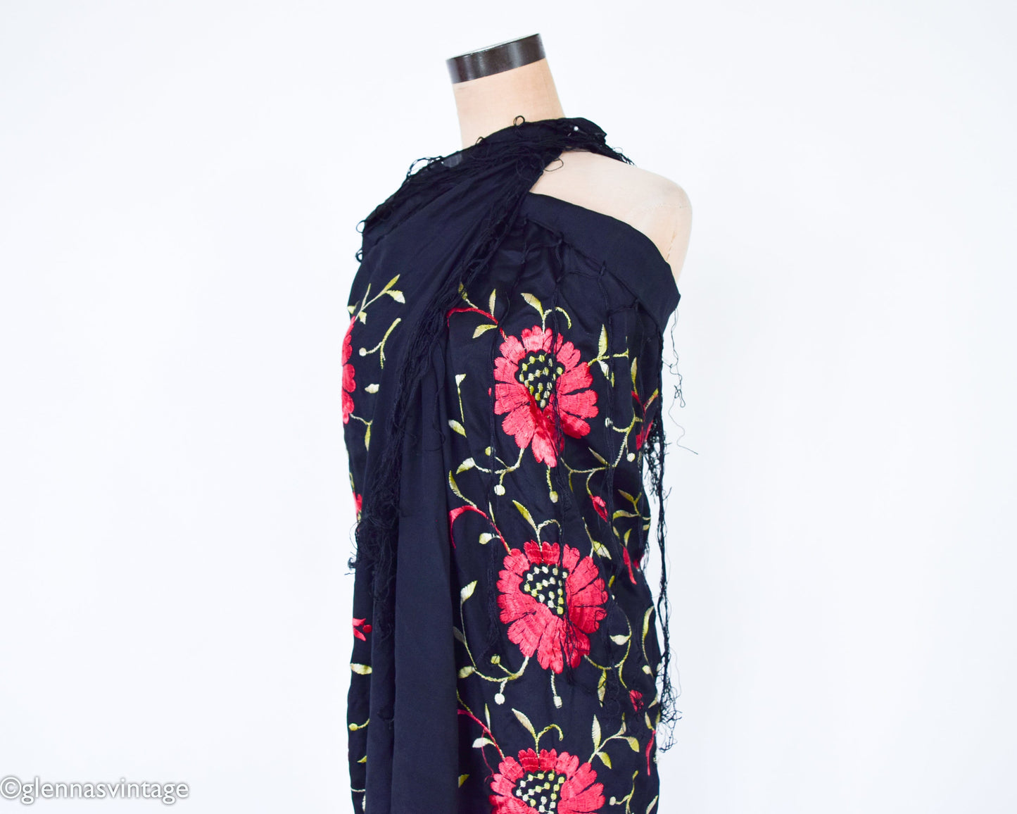1910s Black & Red Embroidered Silk Piano Shawl Scarf