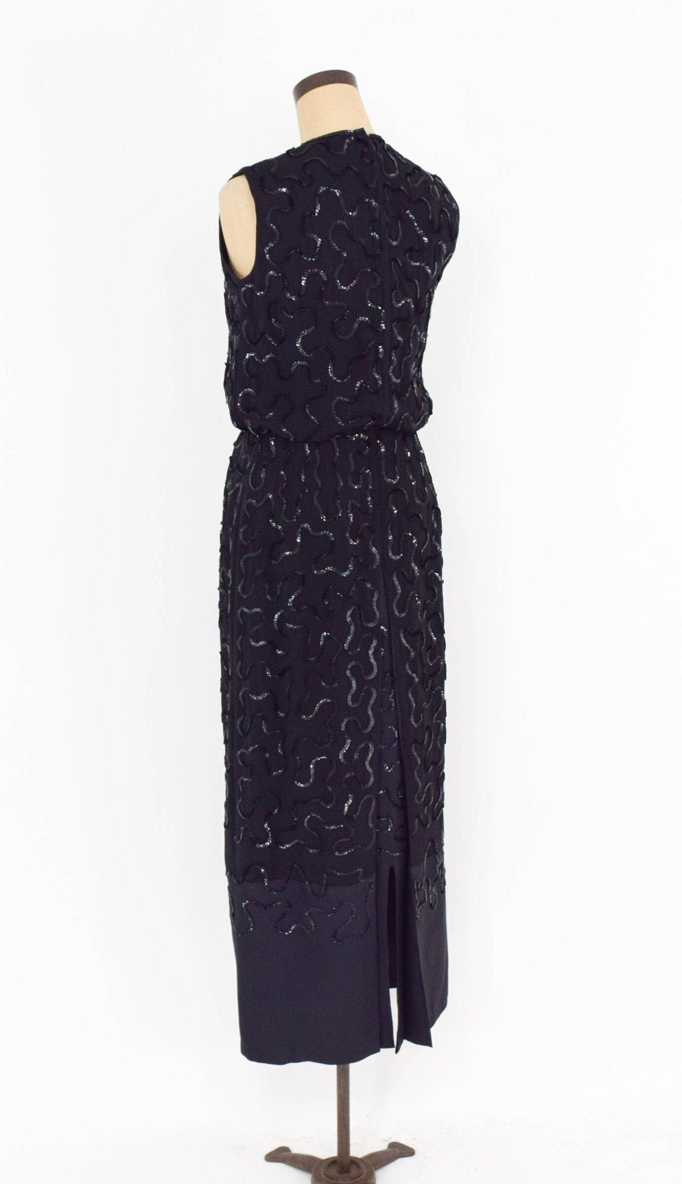 1950s Black Sequin Evening Dress | 50s Black Sleeveless Sequin Formal Dress | Medium