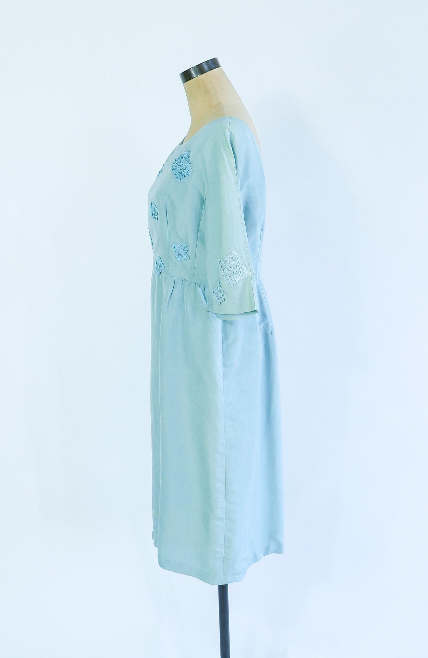 1950s Turquoise Silk Cocktail Dress | Rosette Bodice, Large
