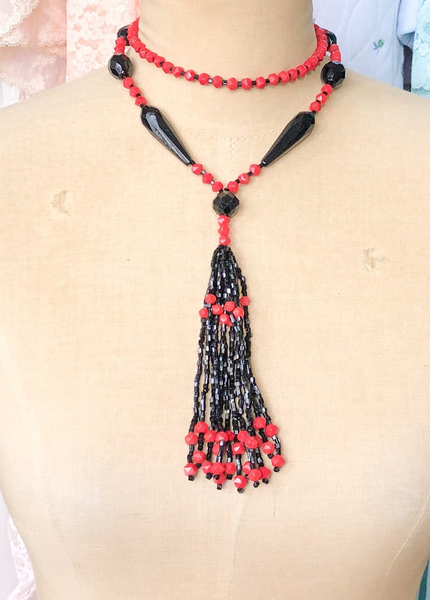 1920s Flapper Necklace | Red & Black Beaded Tassel Rope