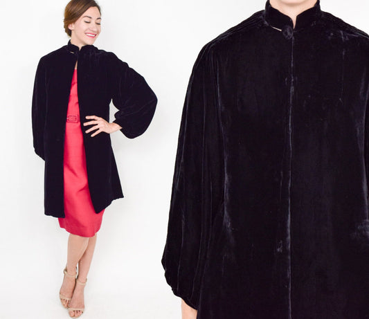 1930s Black Silk Velvet Evening Coat with Bishop Sleeves, Medium
