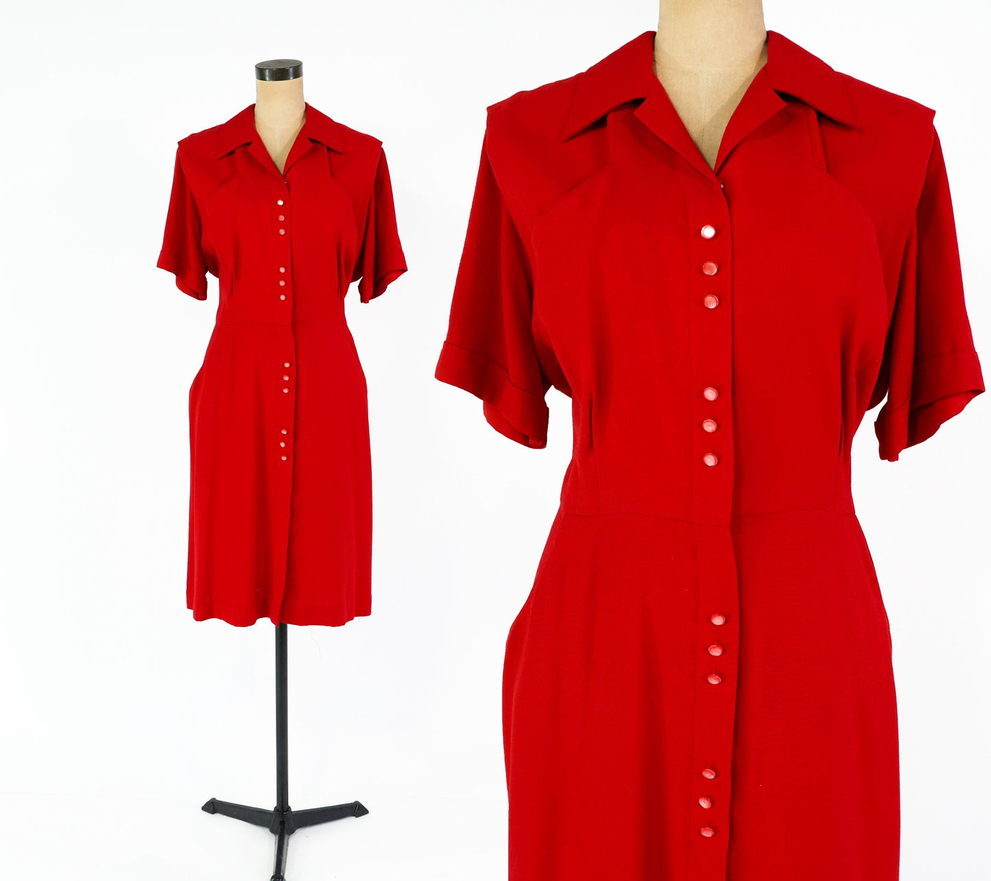 1940s Red Wool Day Dress, 48" Bust