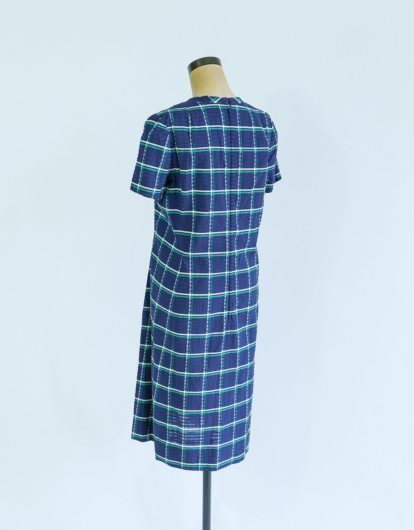 1960s Blue Plaid Dress & Jacket | Navy Seersucker Set, Large
