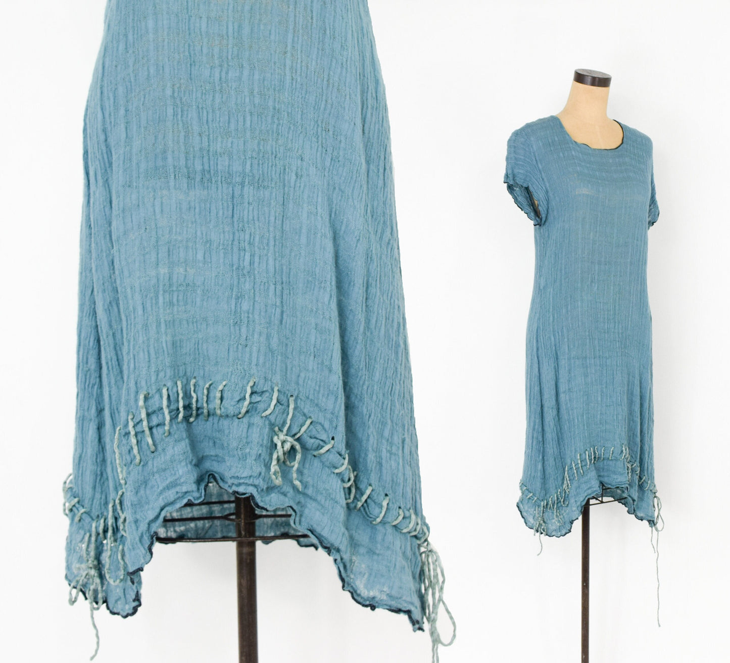 1990s Cynthia Ashby Turquoise Blue Linen Dress, Medium