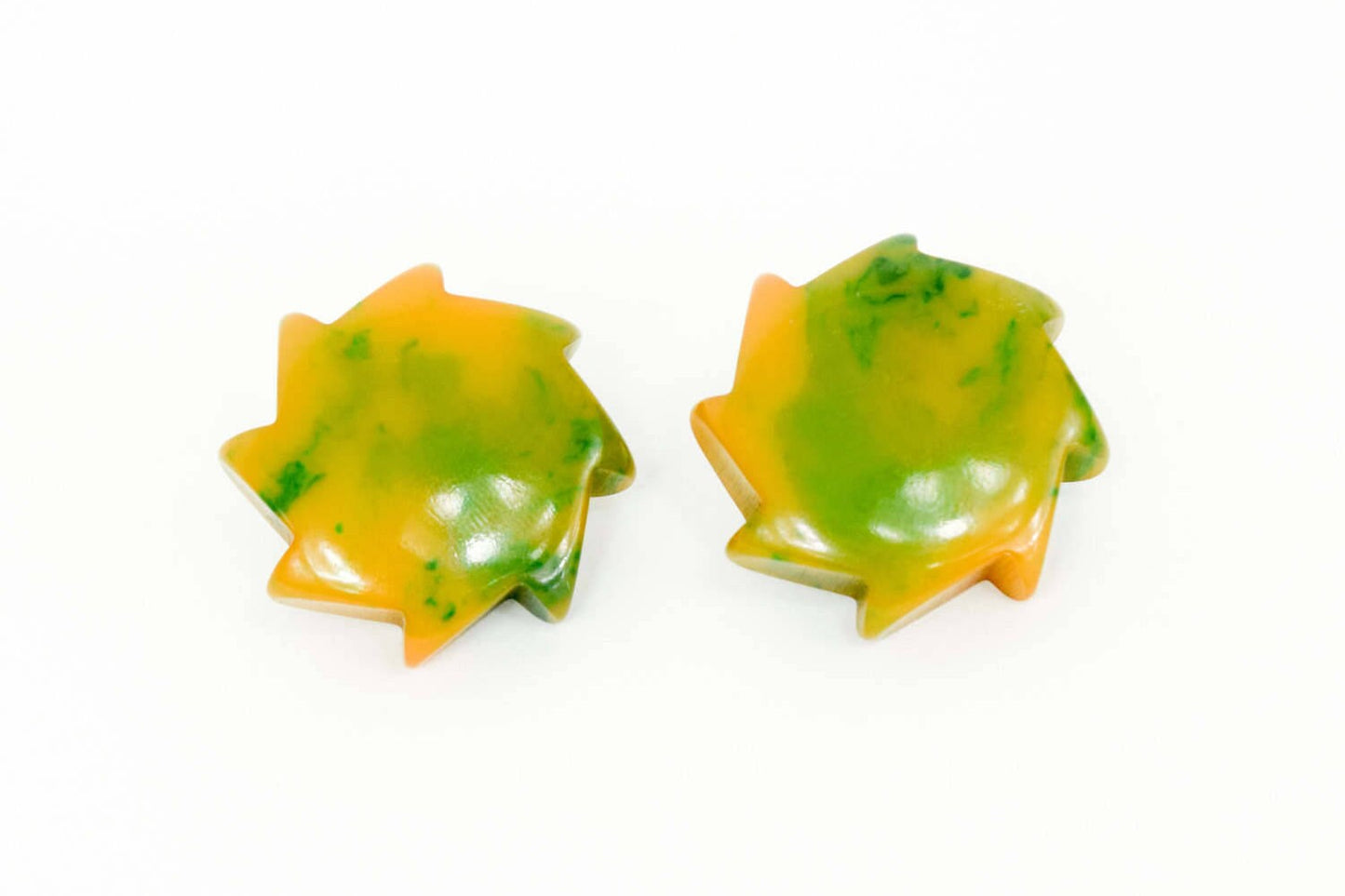 1940s Yellow & Green Bakelite Clip Earrings | 40s Marbled Green Bakelite Earrings