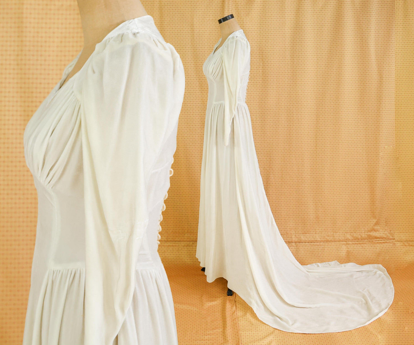 1930s Ivory Velvet Wedding Dress with Long Train, Extra Small